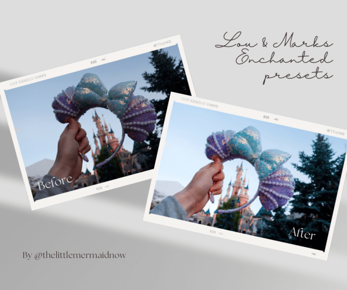 Lou and Marks presets demonstration before and After using the Enchanted presets. Pictures show a pair of lilac and mint sequin Minnie ears held in the air framing the Disneyland Paris Sleeping Beauty Castle in the background.